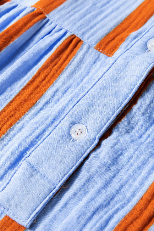 Stripe Crinckled Ruffled Sleeve Button up Loose Shirt